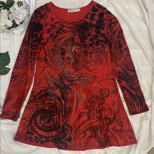 Casa Donna Red Black Knit Tunic Rhinestone Mini Dress Stretch Medium Large